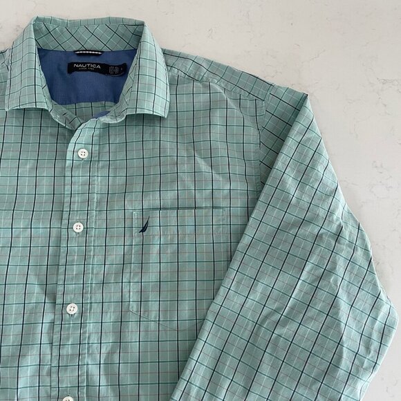 Nautica LS Button Down Cotton Tencel Blend Check Shirt Soft Green Blue Sz L - Picture 3 of 13